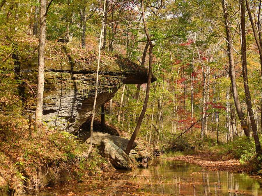 A rock bluff above a still creek, surrounded by autumn woods.